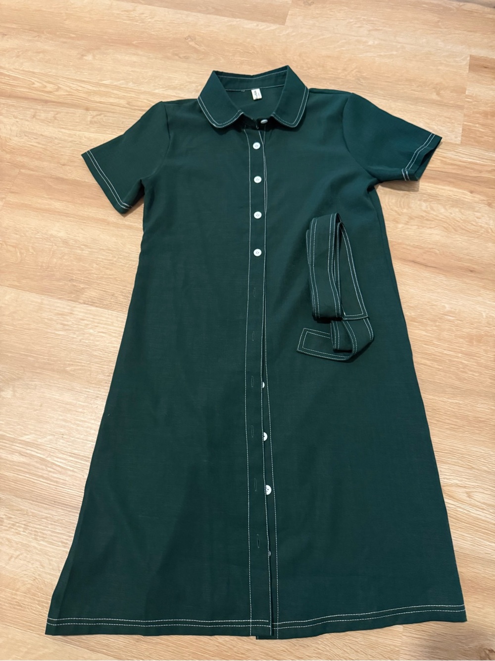 Classic Button-Front Dark Green Polo Shirt Dress with Belt